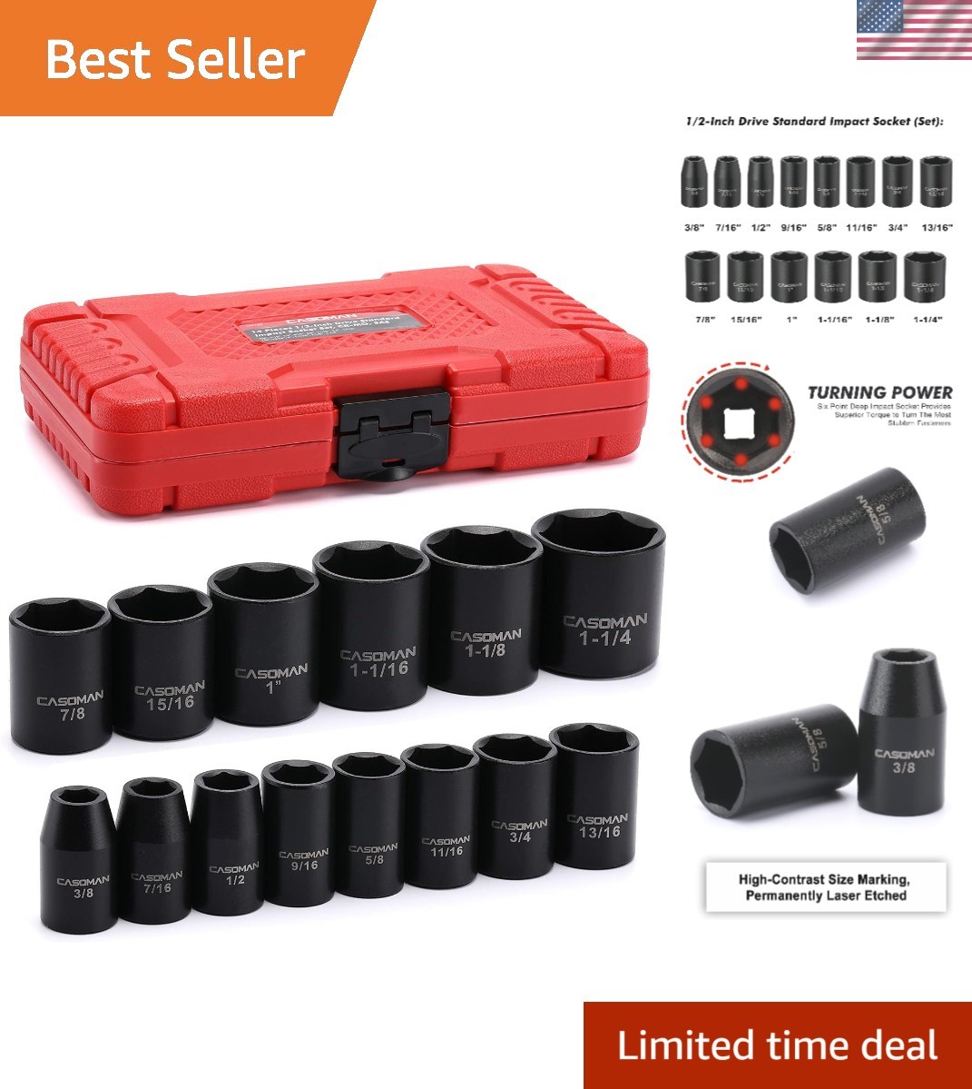 14 Pieces 1/2-Inch Drive Shallow Impact Socket Set, 6-Point, SAE, 3/8″ to 1-1/4″