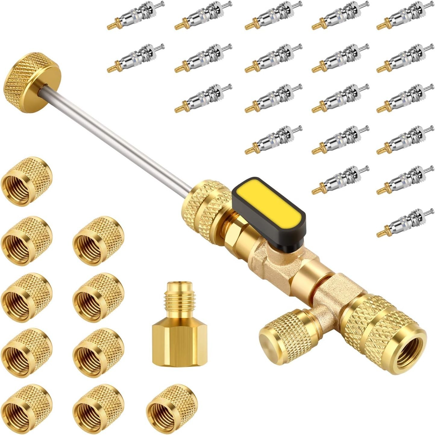 Durable Brass Valve Core Tool Set with 20 Valve Cores & 10 Brass Nuts Included