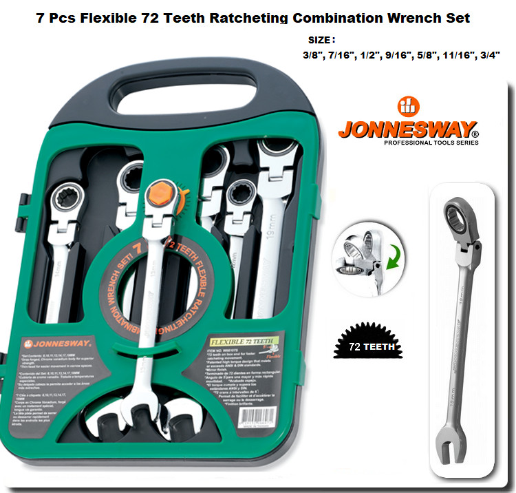 Jonnesway W67207S 7 Pcs Flexible Ratcheting Combination Wrench SAE 3/8″-3/4″
