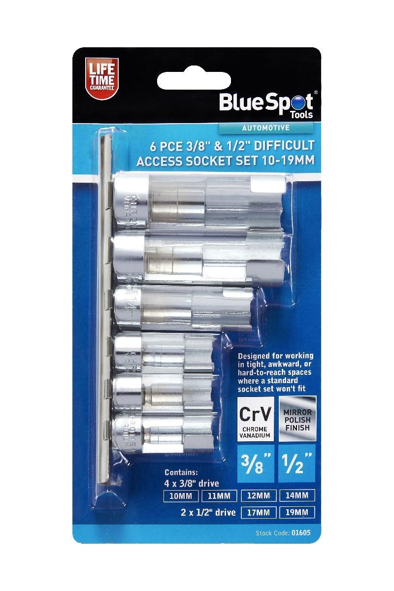 Blue Spot Tools 6 PCE 3/8″, 1/2″ Difficult Access Socket Set (10-19mm) (01605)