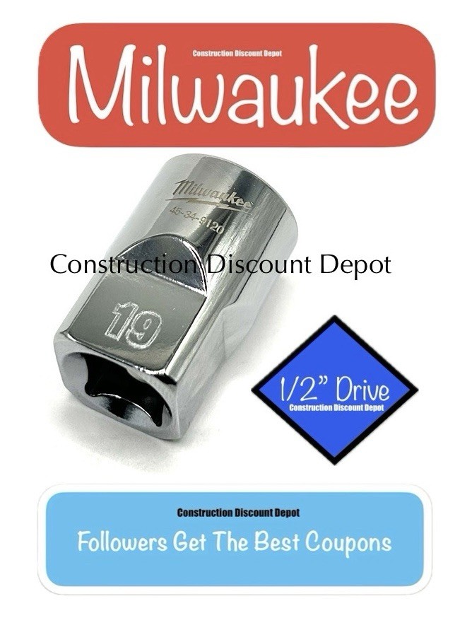 Milwaukee 19mm 1/2″ Drive 6 Point Standard Shallow Socket 45-34-9120 19 MM