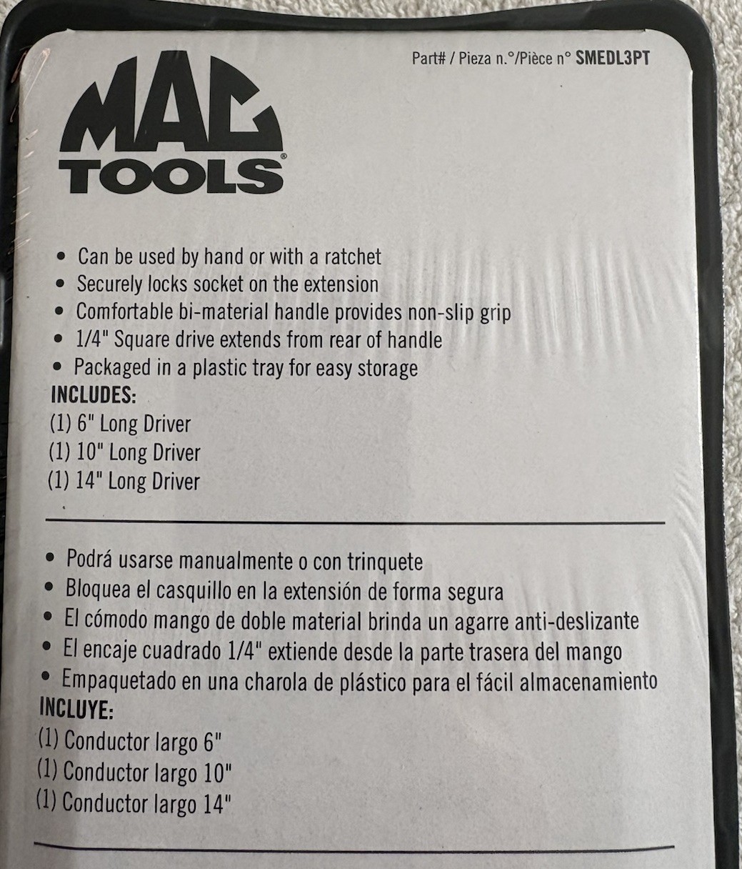Mac Tools 3 Pc. 1/4” Drive Locking Hand Drive Extension Set w/Tray – LAST ONE
