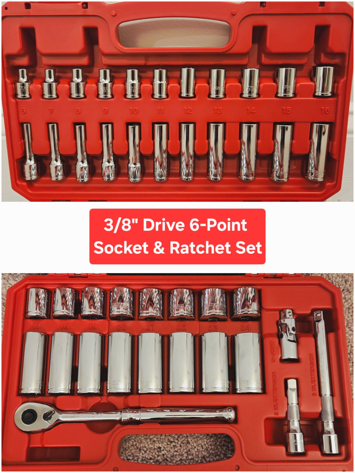 Tekton 3/8 Inch Drive 6-Point Socket & Ratchet Set, 42-Piece (6-24 mm) SKT15201