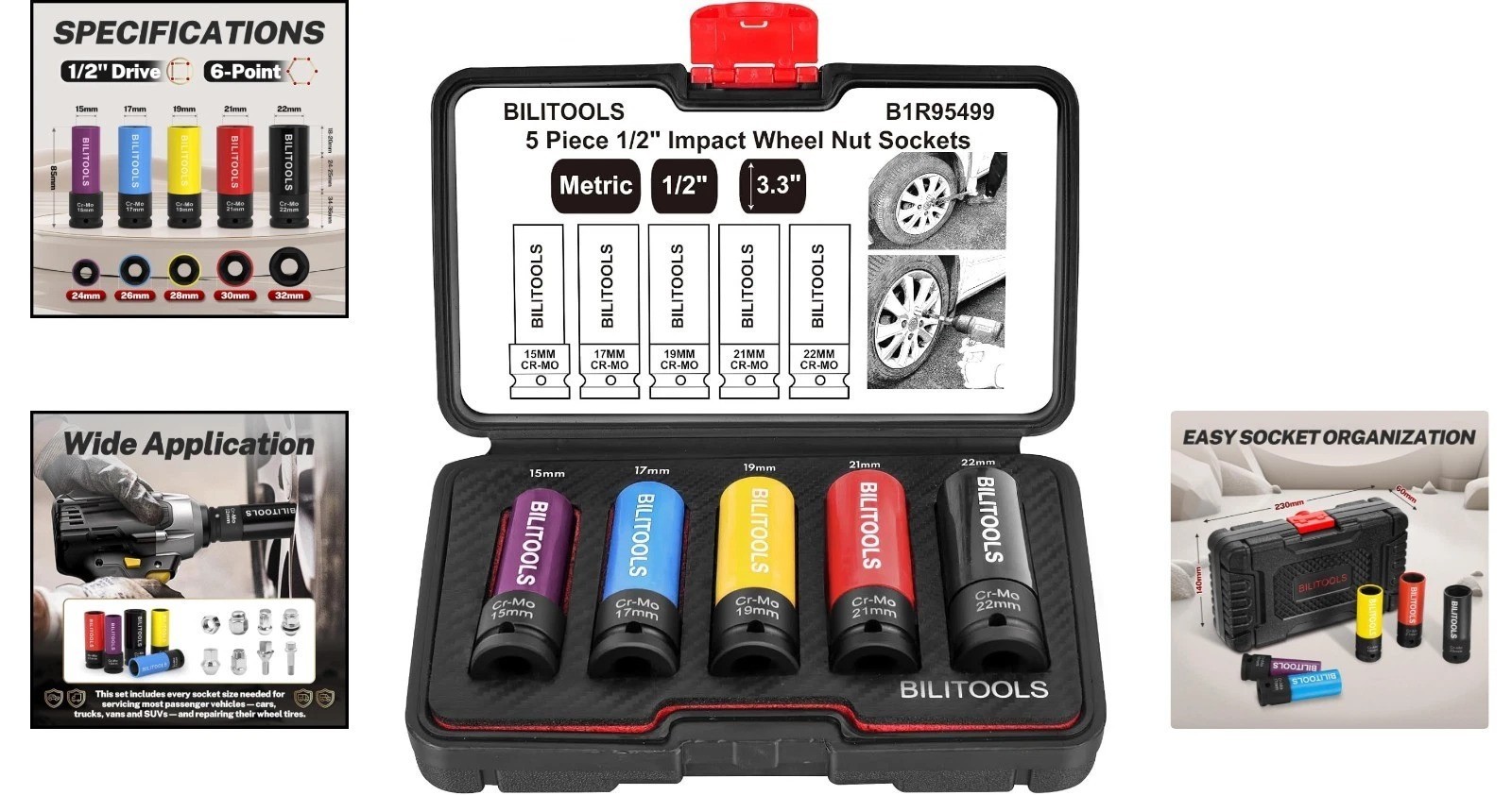 Durable Chrome Molybdenum 1/2-Inch Drive Lug Nut Sockets – 5 Sizes Included