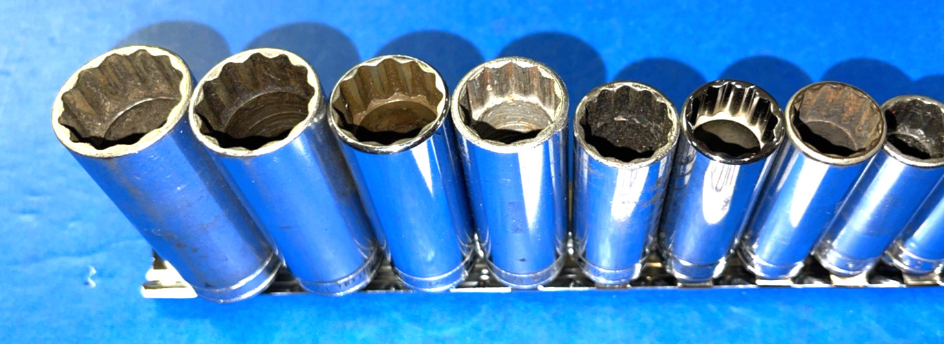 SNAP-ON TOOLS 12 PIECE 3/8 DRIVE SAE. DEEP CHROME 12 POINT SOCKET SET 211SFY