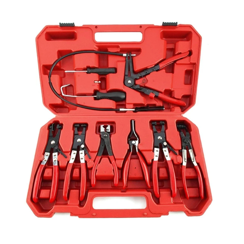 Automotive Flexible Hose Clamp Clip Pliers Set Swivel Jaw Flat Angled Band Tool