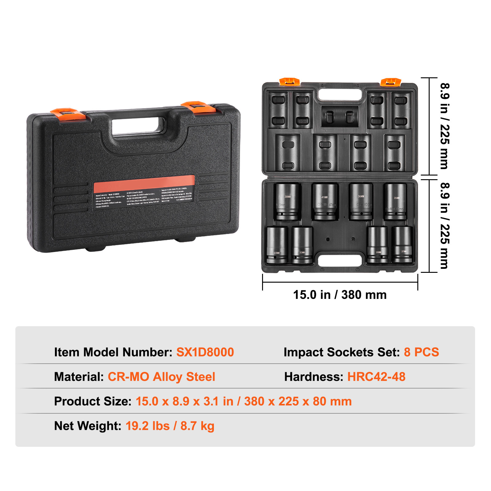 VEVOR Impact Sockets Set 8pcs 6-Point 1″ Drive Bit Ratchet Tool Kit Case