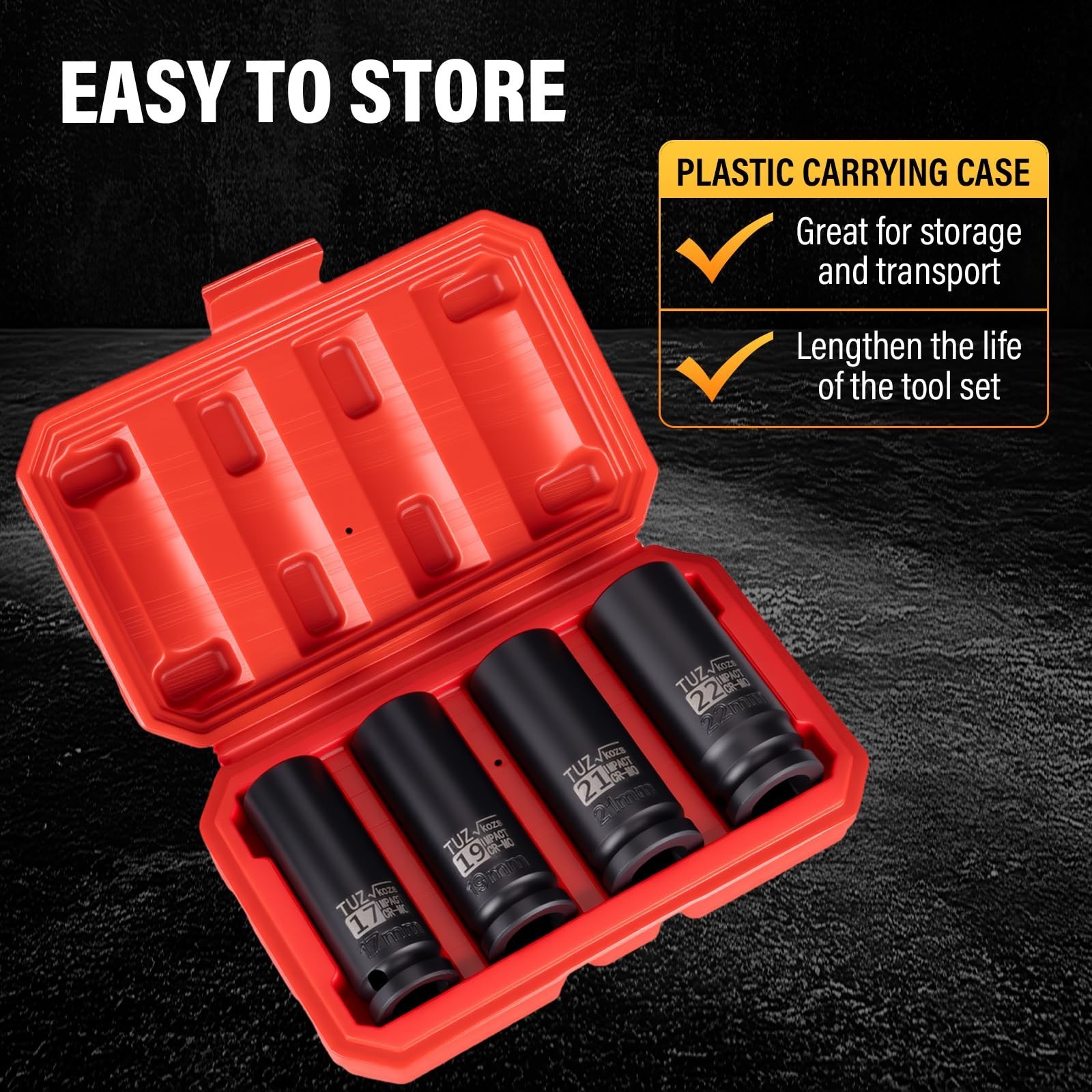 4-Piece 1/2″ Drive Deep Impact Socket Set – Metric 17mm 19mm 21mm 22mm, Cr-Mo, 6
