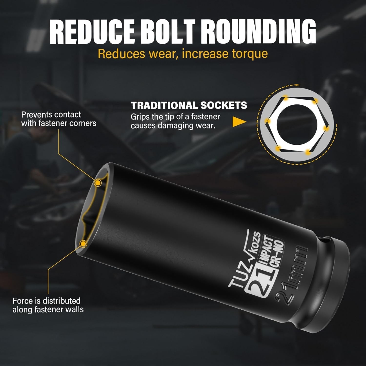 21mm Deep Impact Socket, 1/2 Inch Drive, 6 Point, CR-MO Steel