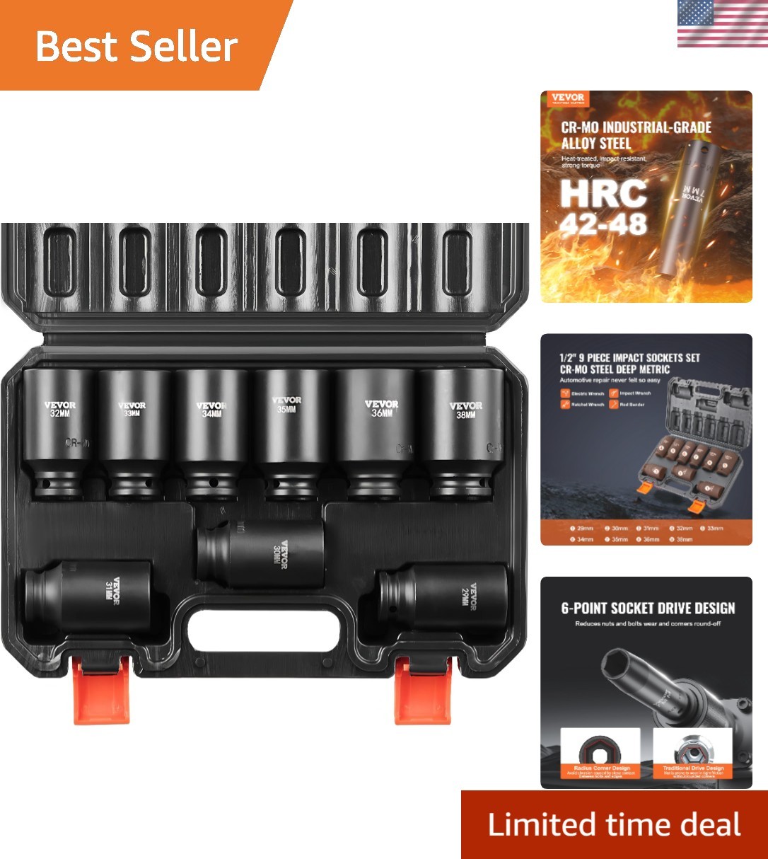 1/2″ Drive Impact Socket Set, 9 Piece Deep Socket Set Metric 29-38mm, 6 Point…