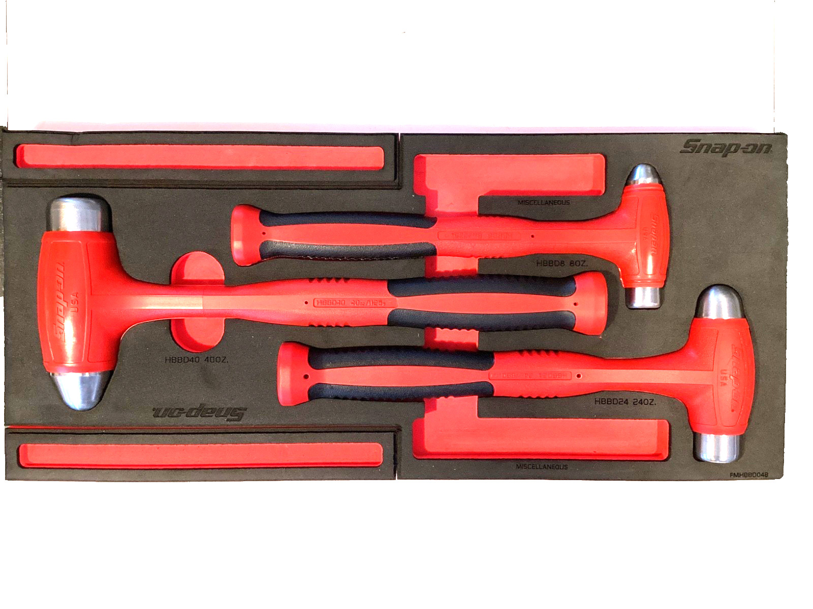 Snap On 3 Piece RED Soft Grip Ball Peen Dead Blow Hammer Set FOAM Tray HBBD302FR