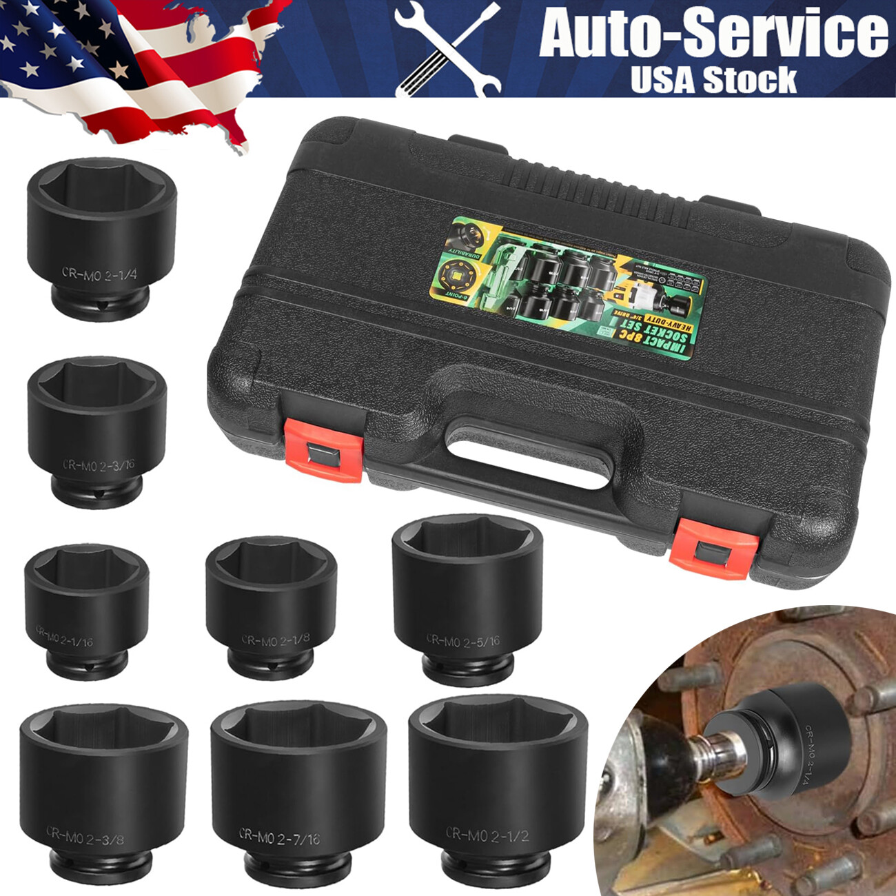3/4″ Drive Spindle Axle Nut Impact Large Socket Set Sizes 2-1/16in to 2-1/2in
