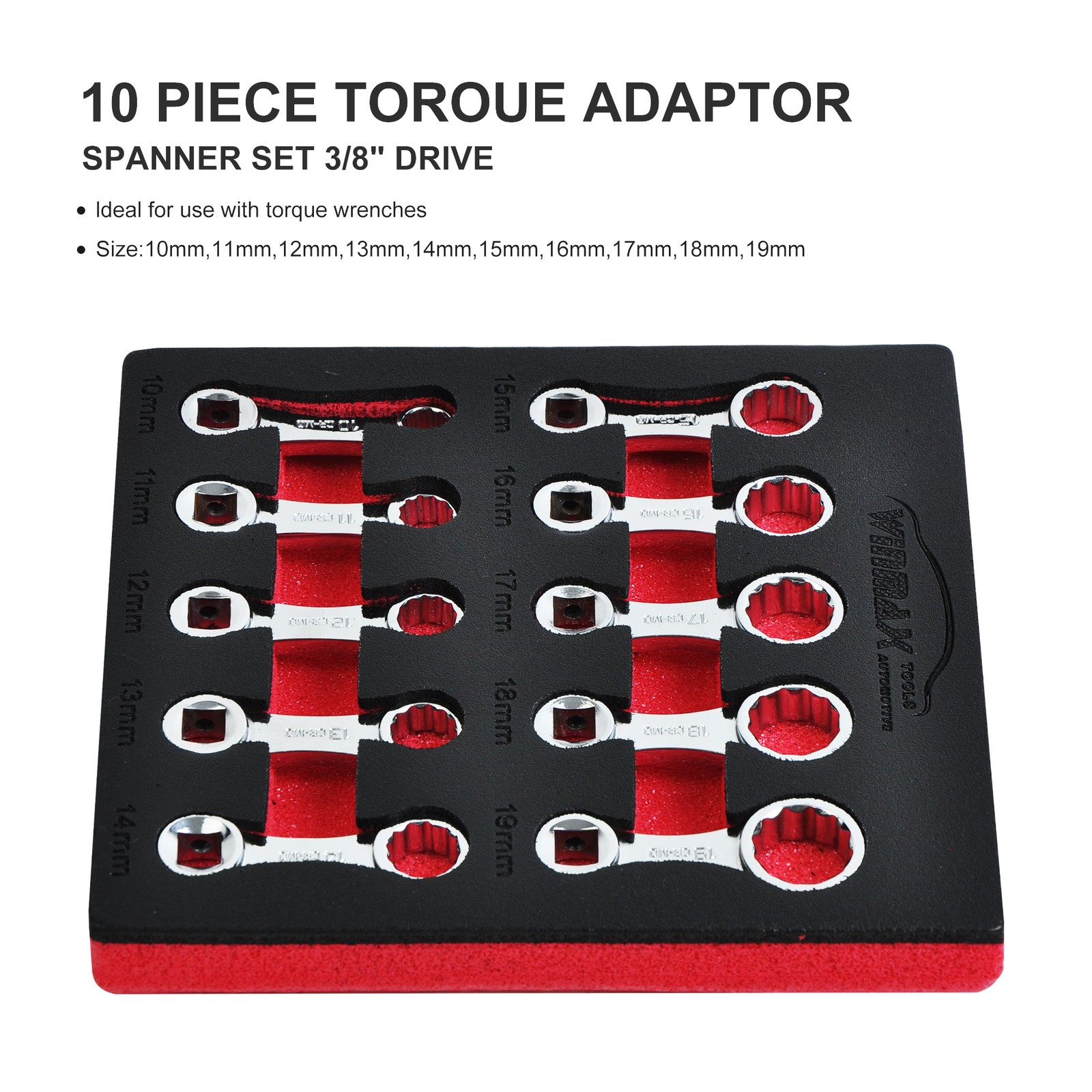 10pc Torque Wrench Set 12 Point Spanner Adaptor Set 3/8″ Drive Metric 10 to 19mm