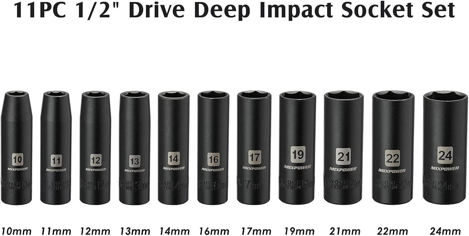 11-Piece 1/2-Inch Drive Deep Impact Socket Set, CR-V, Metric, 6 Point, Deep, …