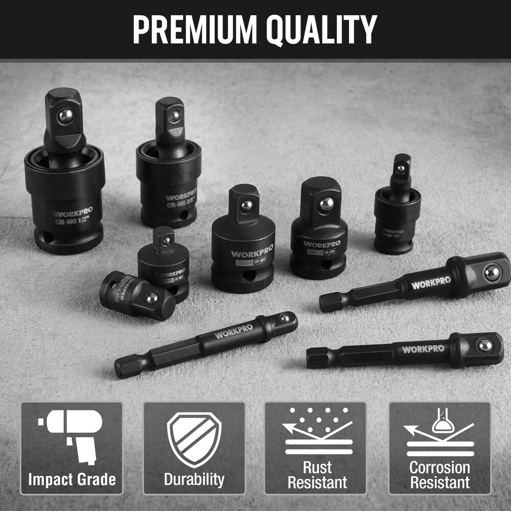 WORKPRO 10PC Impact Socket Set Adapter 1/4″ 3/8″ 1/2″ Joint Socket Drill Adapter
