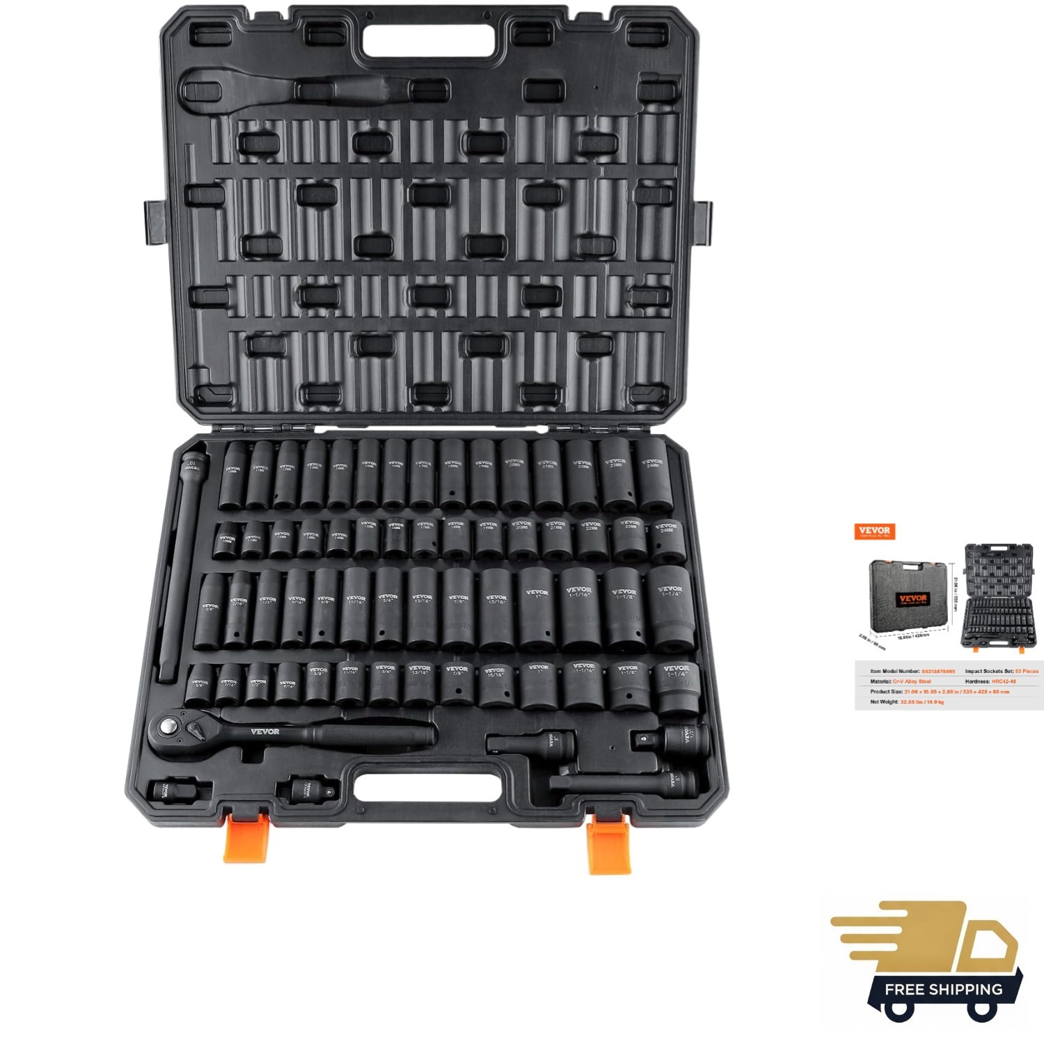 Rugged 65-Piece 1/2″ Drive Impact Socket Set – Precise & Durable for Auto Work