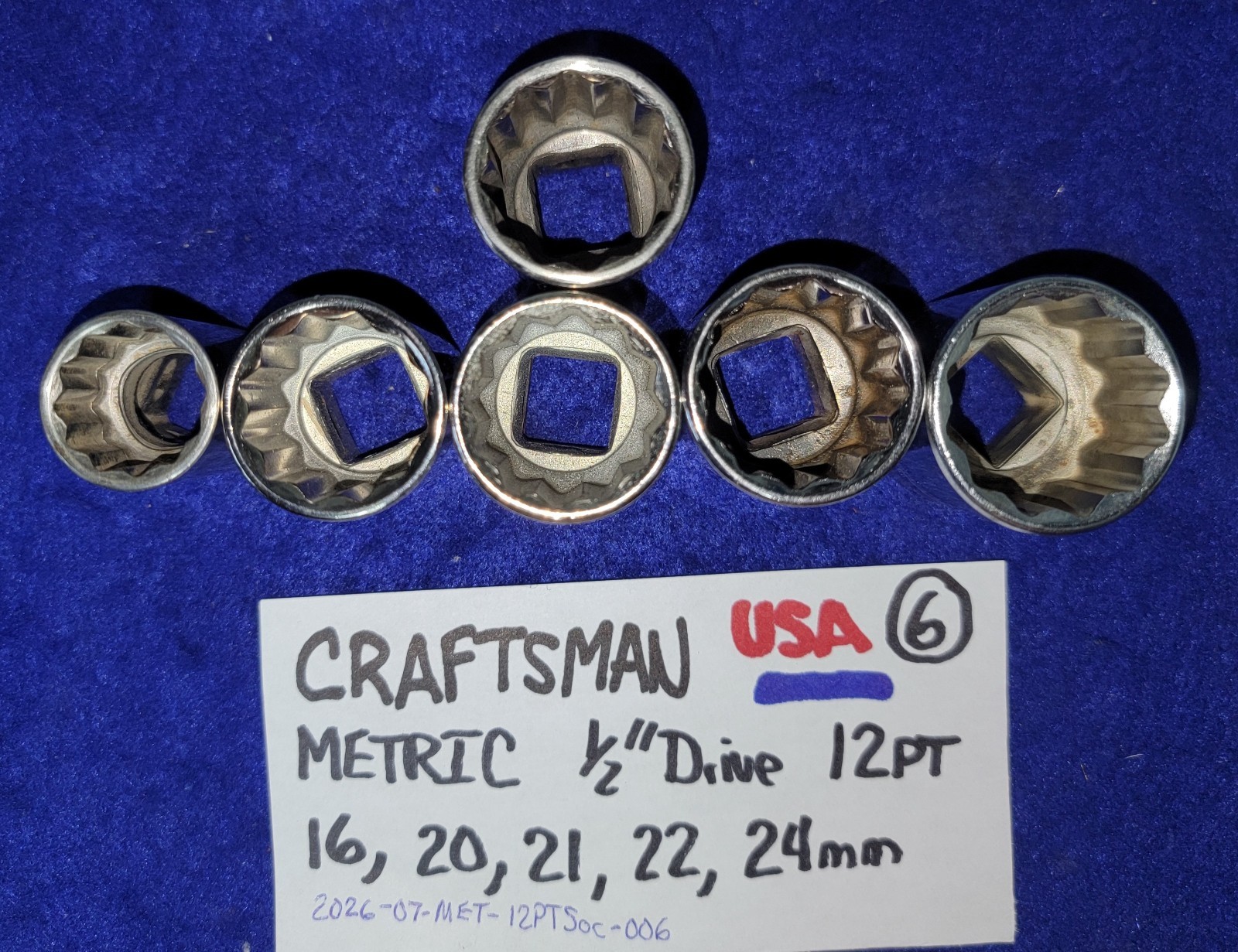 CRAFTSMAN 1/2″ Drive 12PT Socket LOT 16mm, 20mm, 21mm, 22mm & 24mm Made in USA