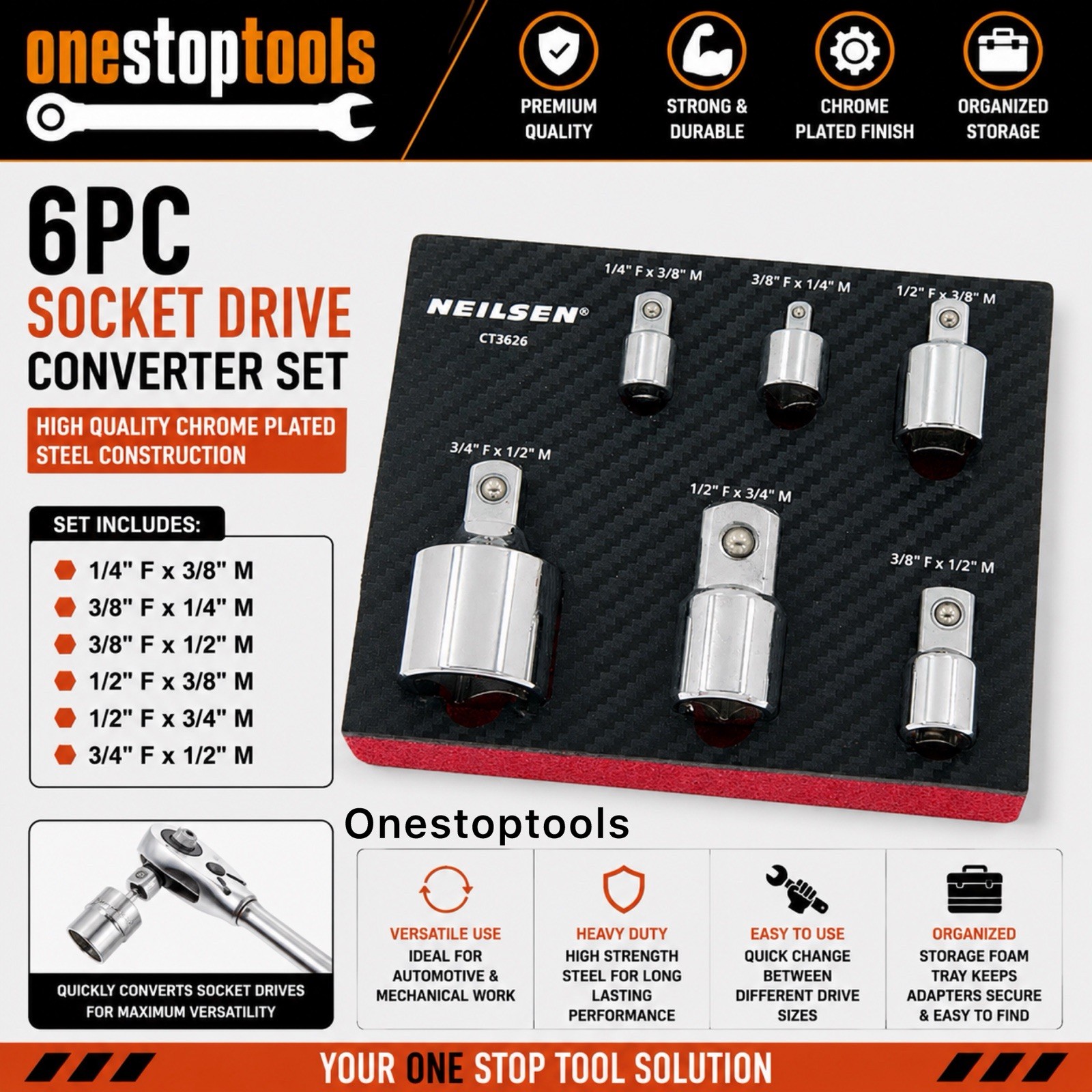 6 Piece Socket Converter Adaptor Reducer Set Female To Male 1/4″ 3/8″ 1/2″ Drive