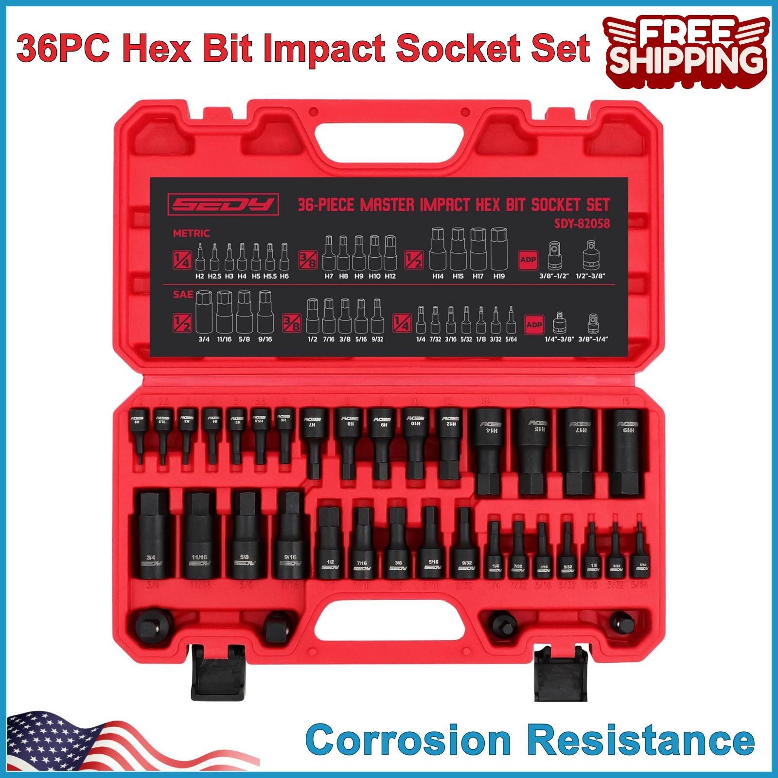 36PCS Hex Bit Impact Socket Set, 1/4″, 3/8″ and 1/2″ Drive, SAE and Metric Allen