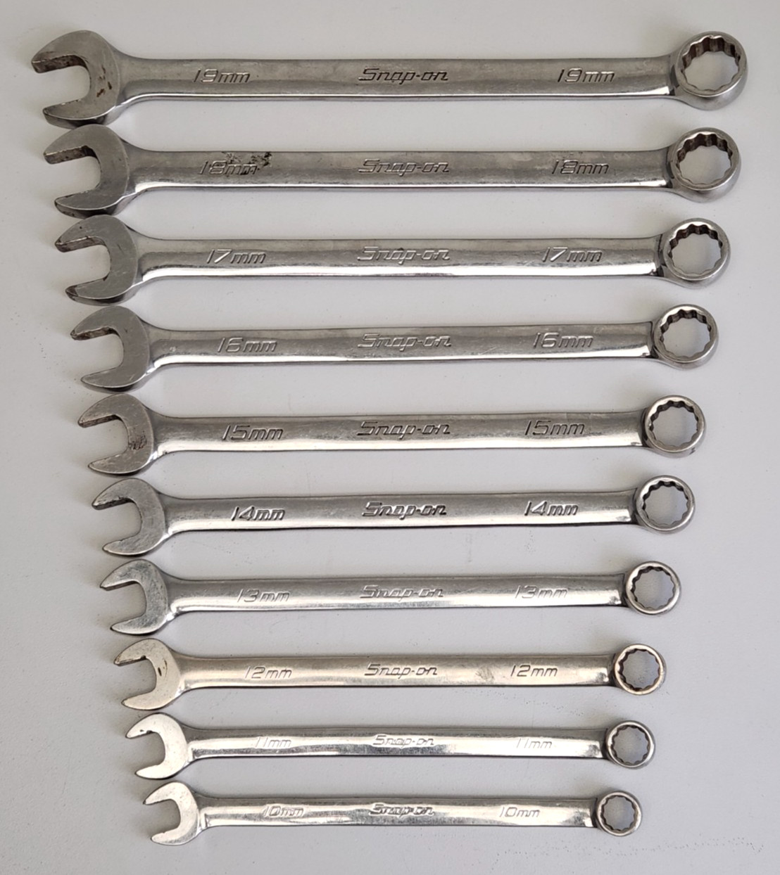 10-pc, Snap-on OEXM710B 12-Pt Metric Flank Drive Combination Wrench Set 10-19mm