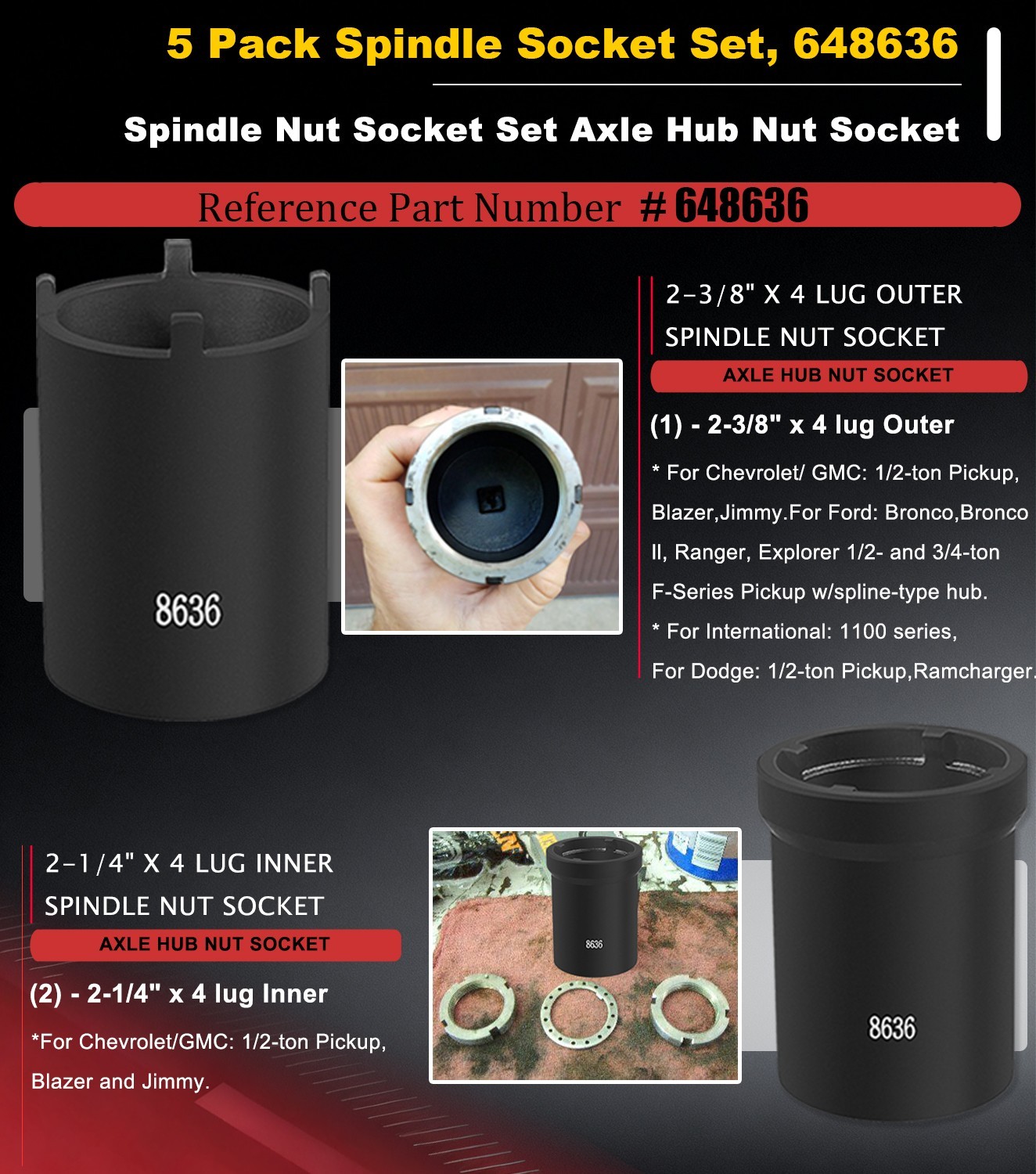 5pcs Spindle Nut Sockets Kit Axle Hub Nut Socket For Ford Dana 50/60, 1/2″ Drive