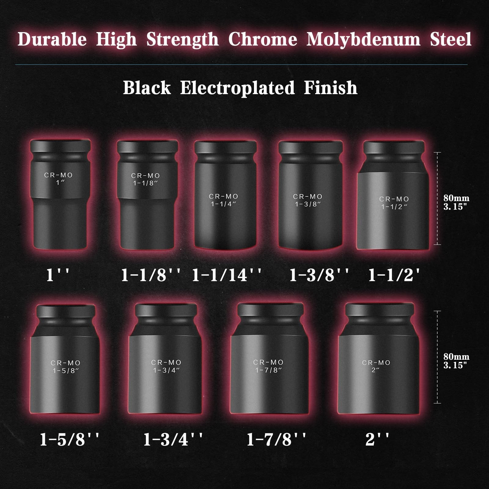 9-Piece 1″ Drive Deep Impact Socket Set, 6-Point SAE, Cr-Mo Steel, Durable Tools