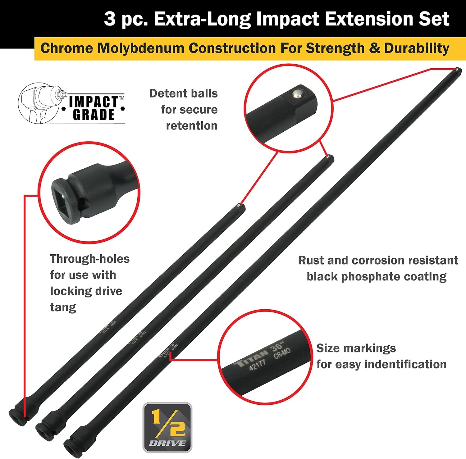 3-Piece 1/2″ Drive Long Impact Extension Set: 18″, 24″, 36″ Extensionstt