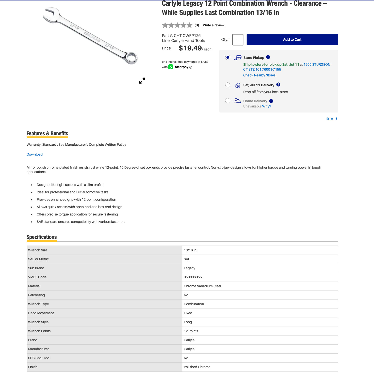 Napa Carlyle 12 Point Combination Wrench 13/16 In Brand New CWFP126