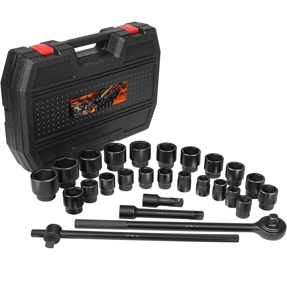 3/4″ Drive Jumbo Impact Socket Set 27PCS, SAE (7/8″-2″) and Metric (22mm-50mm)