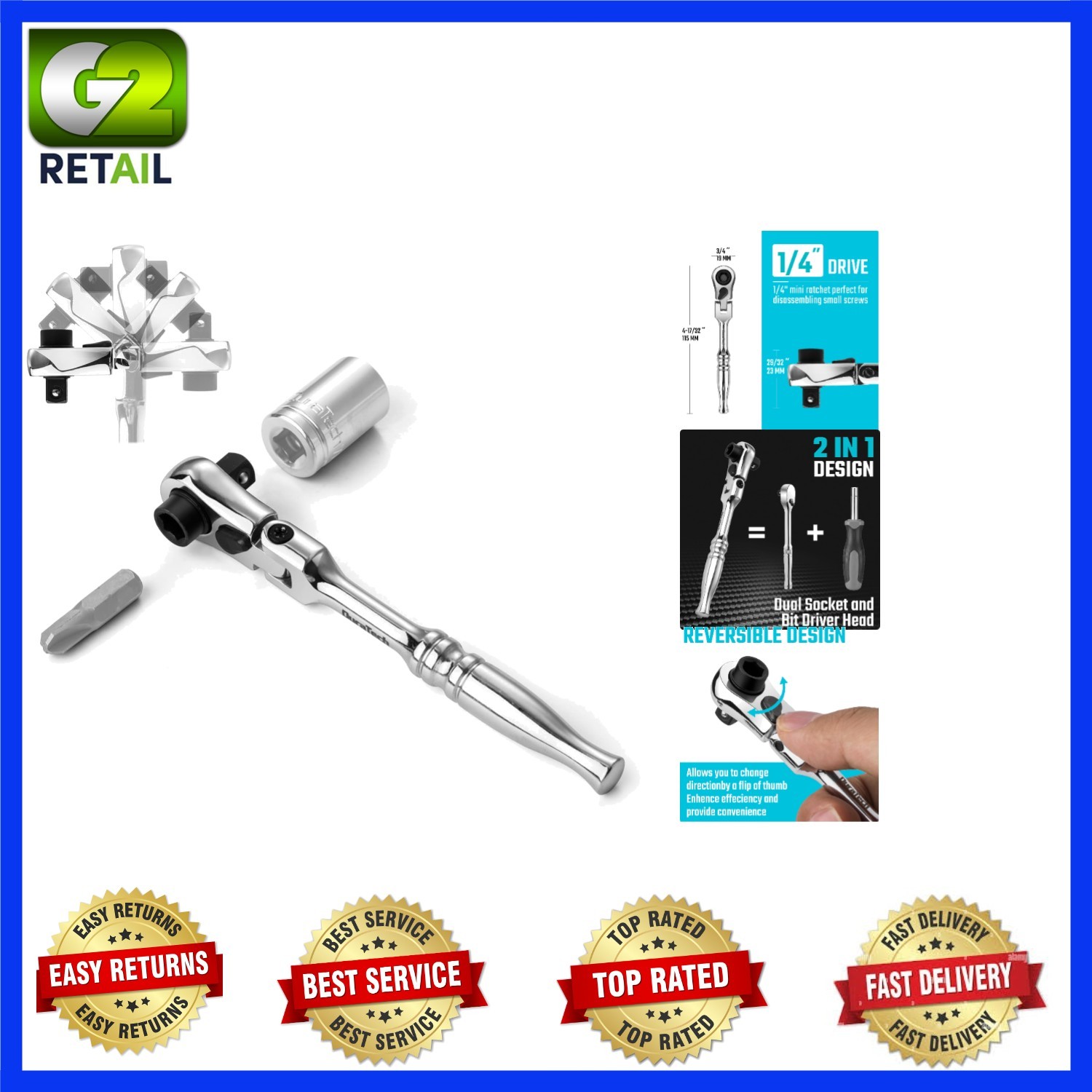 2 in 1 Flex Head Ratchet & Socket Driver – Polished Chrome, 496.2 In-lb Torque
