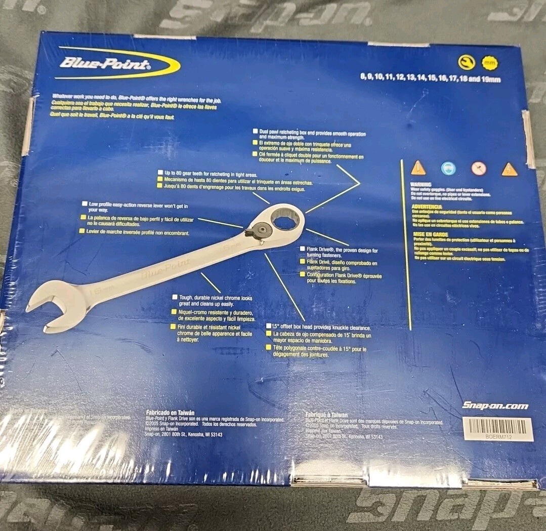Blue Point Tools BOERM712 12 Piece 8-19mm Ratcheting Combination Wrench Set New