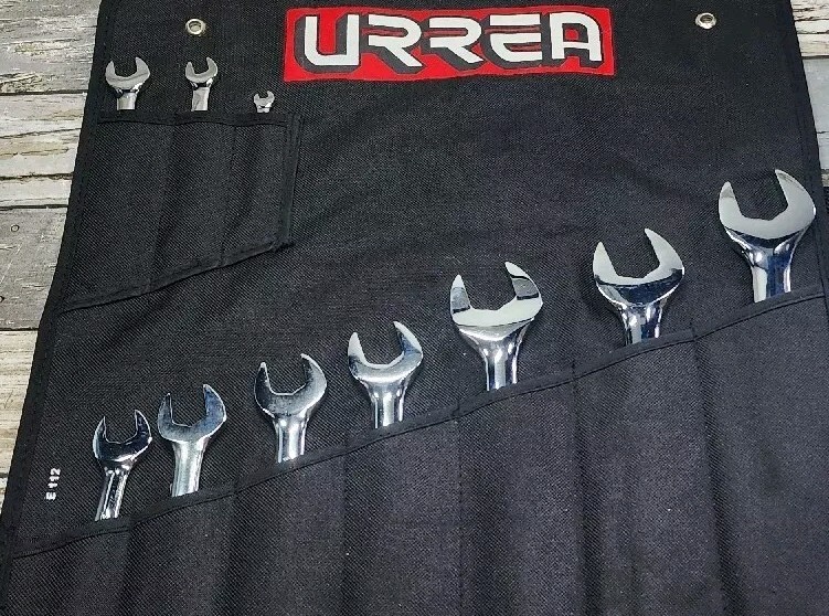 Urrea 10 Piece SAE Open End Wrench Set Hanging And Roll up Carrier 1/4″ – 1″