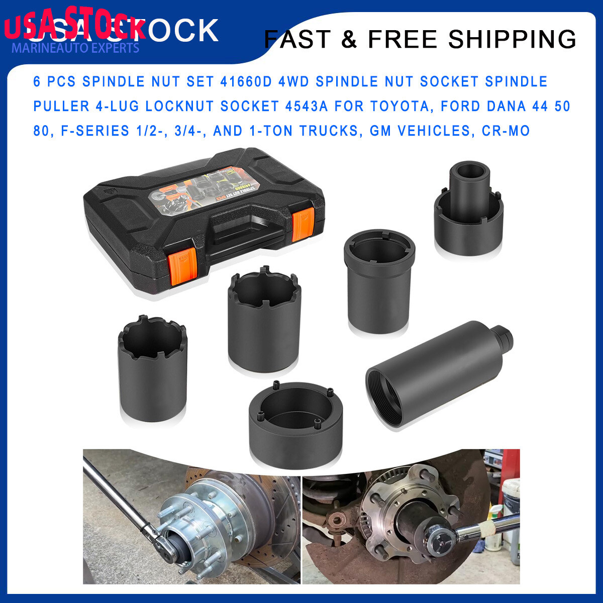 6pcs 41660D Spindle Nut Set 4WD Socket Puller Tool for Ford Dana 44 50 60 Trucks