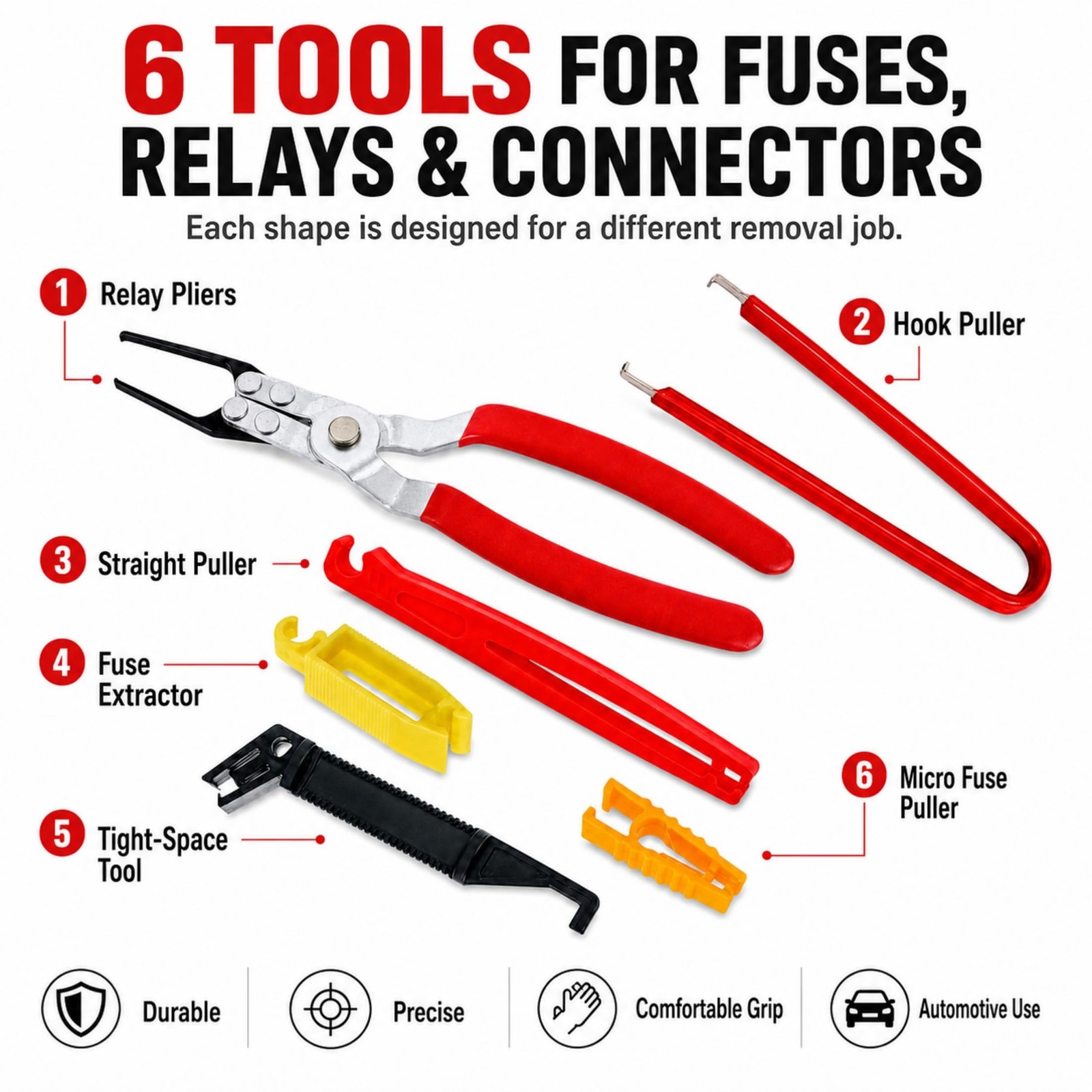 Fuse Relay Puller Pliers 6 Piece Set Forged Metal Stainless Steel Automotive Too