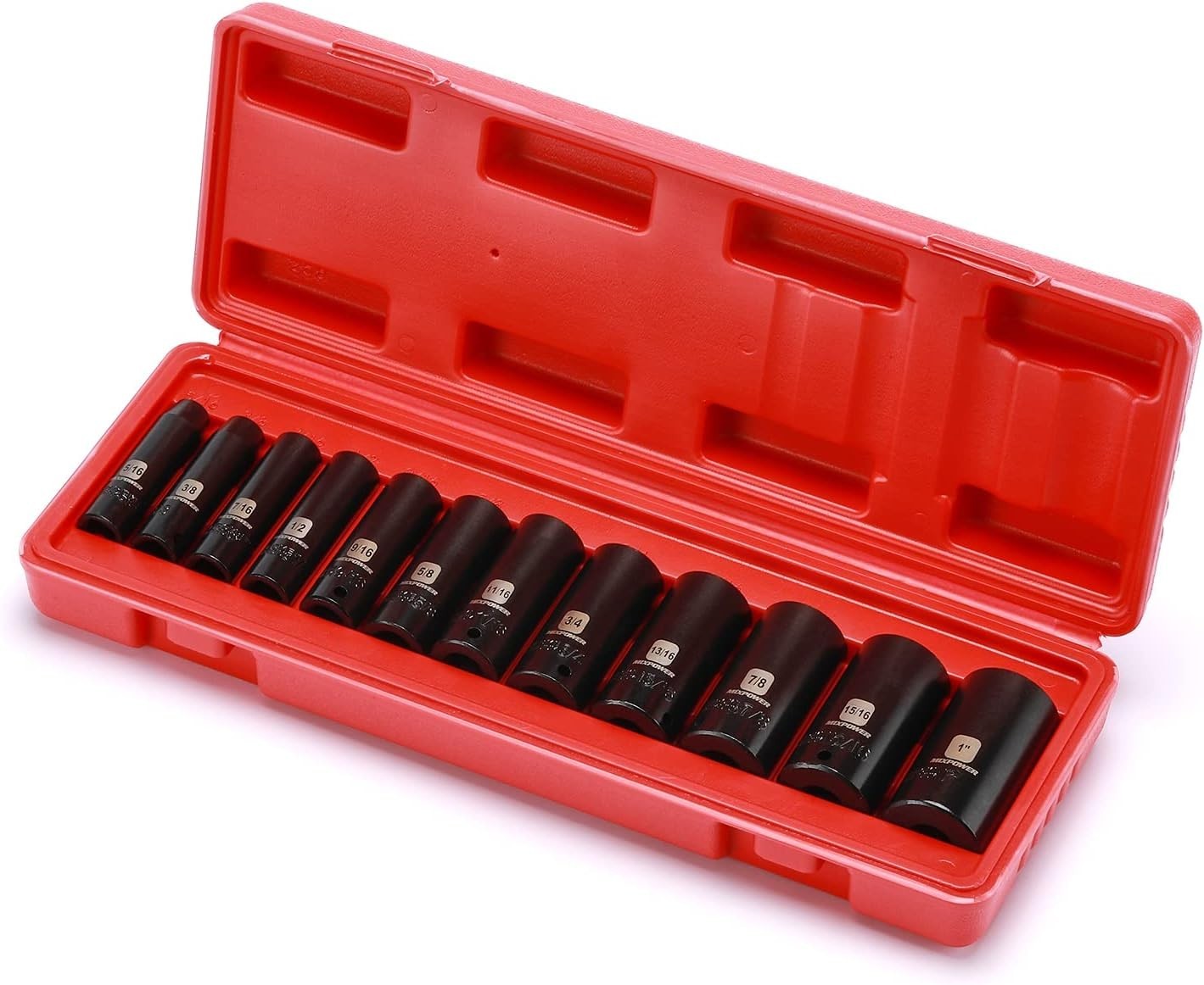 12 Pieces 3/8-Inch Drive Deep Impact Socket Set, 5/16 to 1 inch, CR-V, SAE, 6…