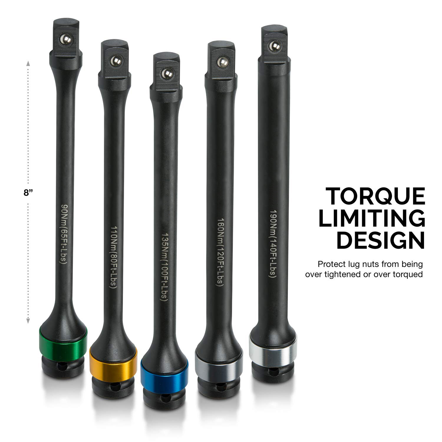 5pc 1/2″ Drive Torque Limiting Extension Bar 8″ Length 65-140 Ft/Lbs (90-190Nm)