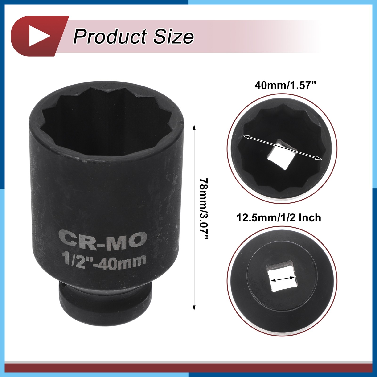 Universal 1/2″ Drive Impact Socket 40mm 12 Point High Carbon Steel