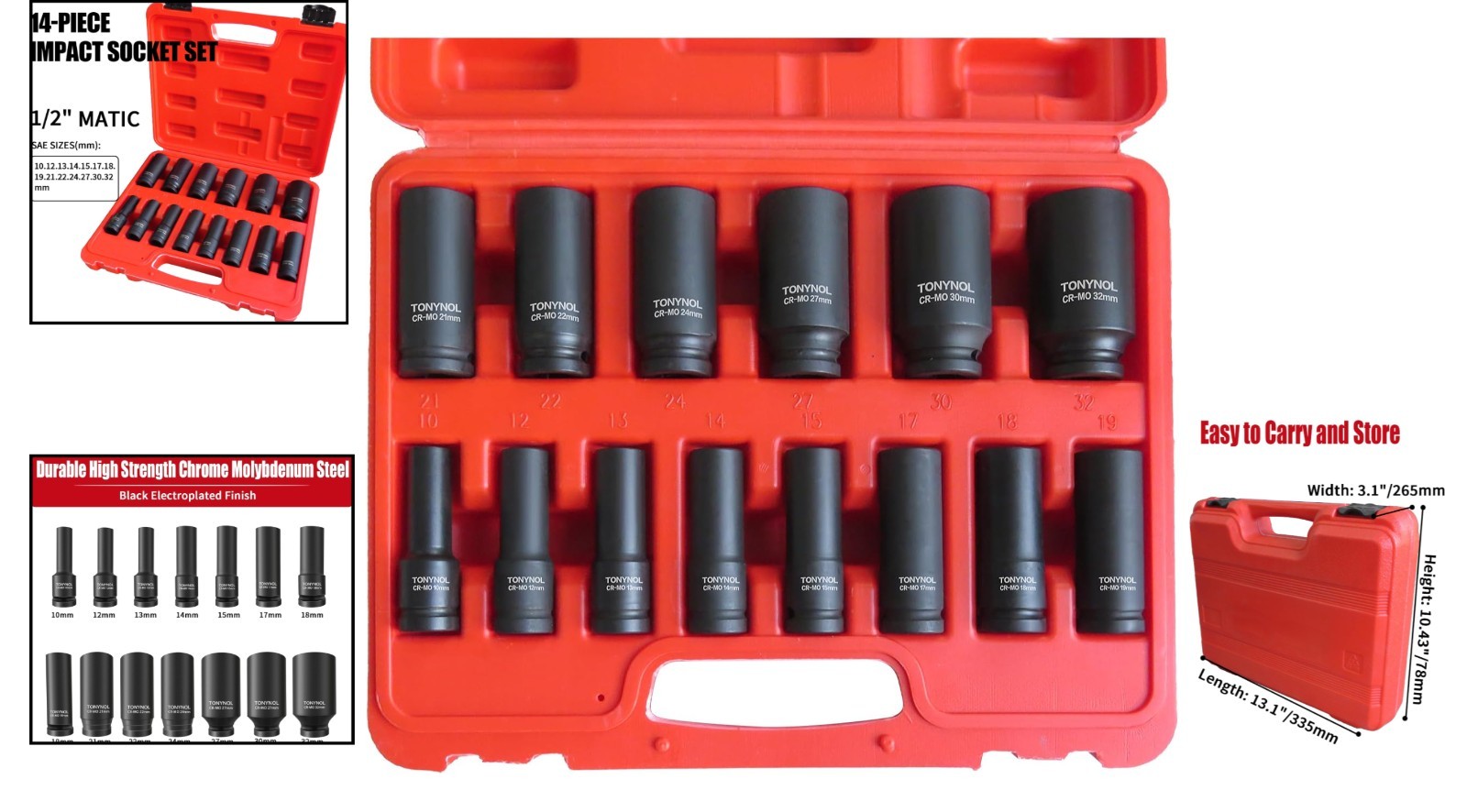 Metric 10-32mm 1/2 Inch Deep Drive Impact Socket Set – Tough Cr-Mo Construction