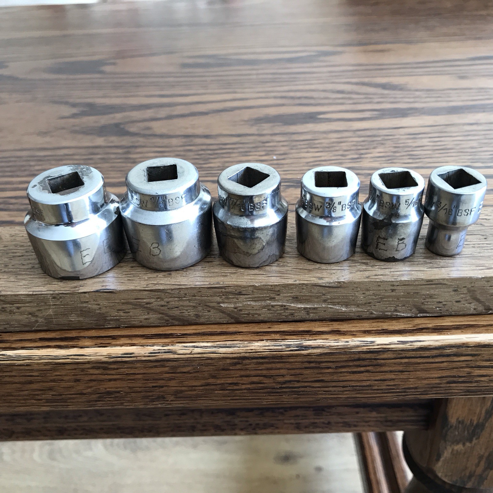 6 Vintage Elora 3/8” Drive Whitworth Sockets 1/2” To 1/8” BSW.