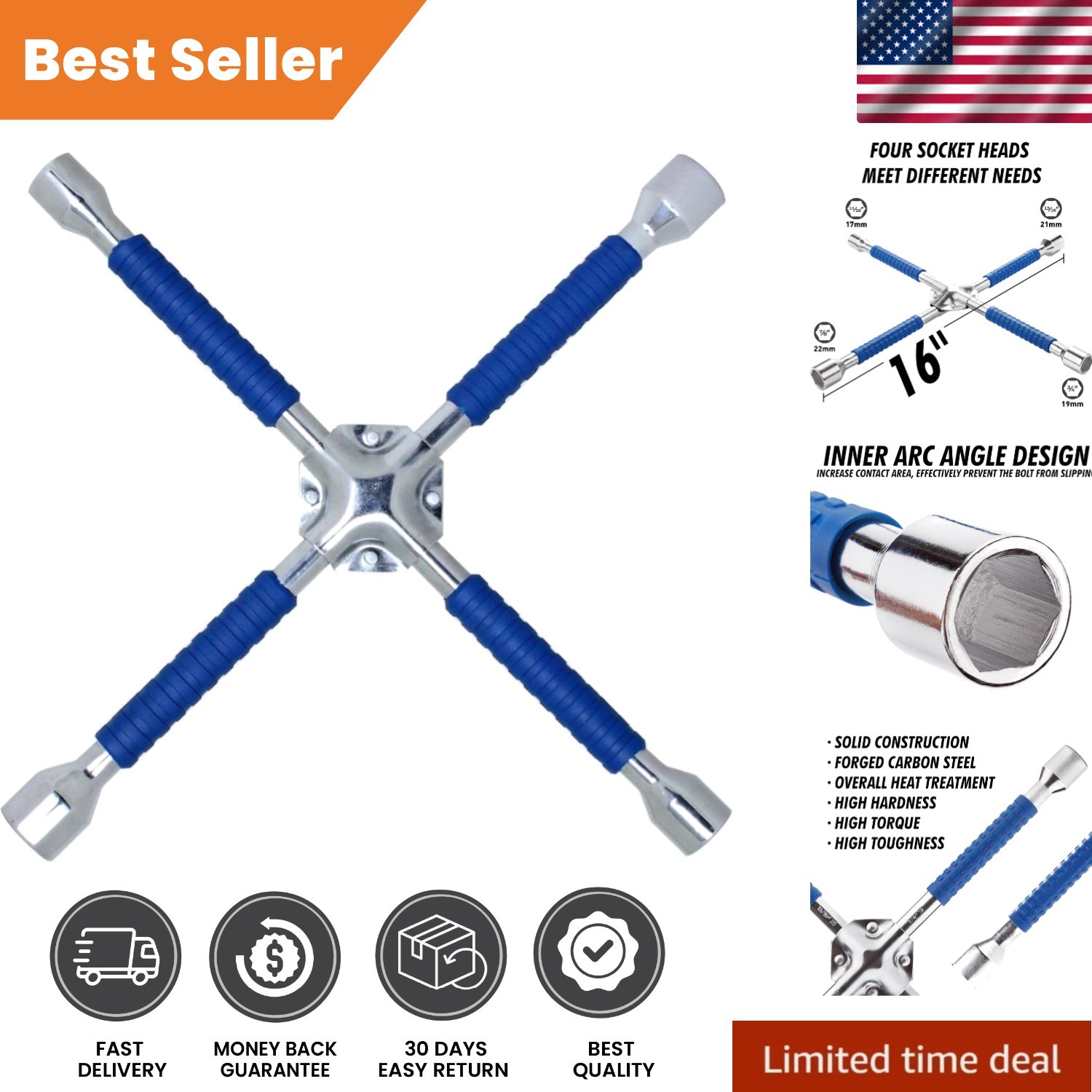Polished Chrome 4-Way Tire Wrench – 16-Inch Heavy Duty with Torque Power