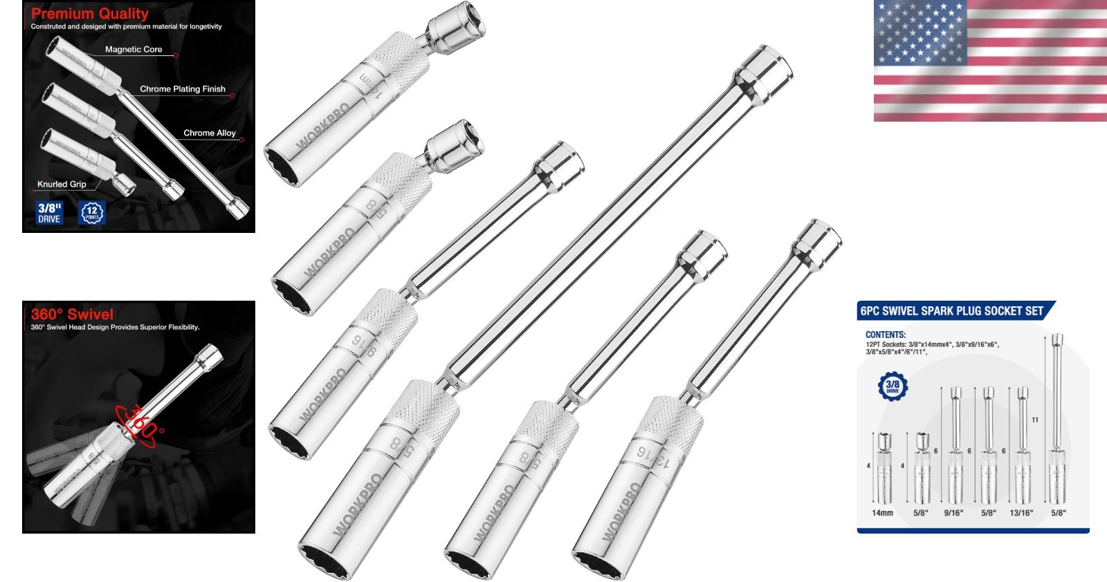 Quality 6 Pc Spark Plug Socket Set with Extensions