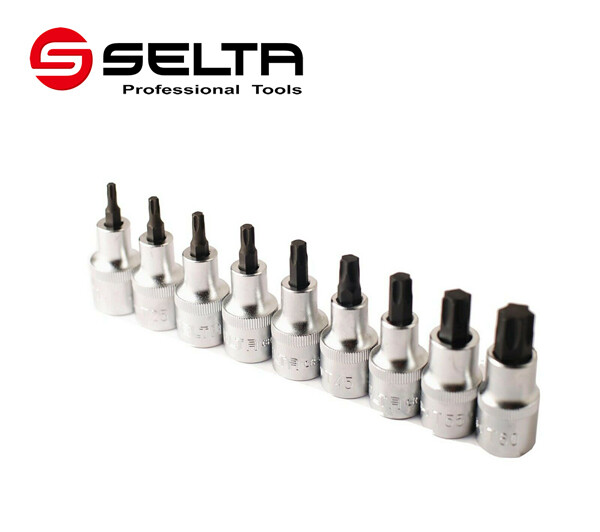 Selta Taiwan 9pc 1/2” Dr Cr-Mo 55mmL Stubby Torx Star Socket Bits:Set T20-T60