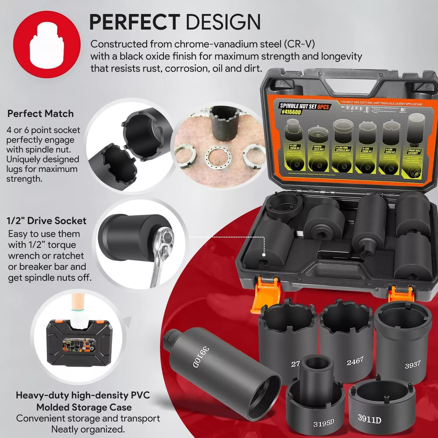 4543A 4WD Spindle Nut Socket Set 41660D Nut Service Kit Puller 4-Lug Locknut 6Pc