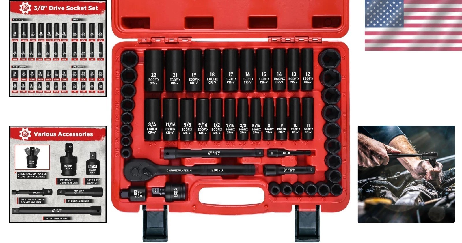 3/8″ Drive Impact Socket Set, 50 Piece Standard SAE 5/16 to 3/4 inch and Metr…