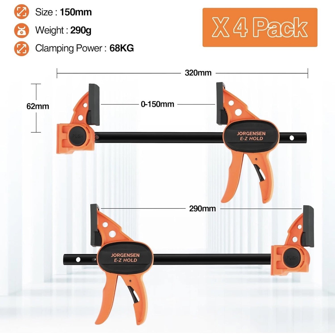 JORGENSEN 150 mm Woodworking Clamps 4-Pack, Splicable to 400 mm Ratchet Bar