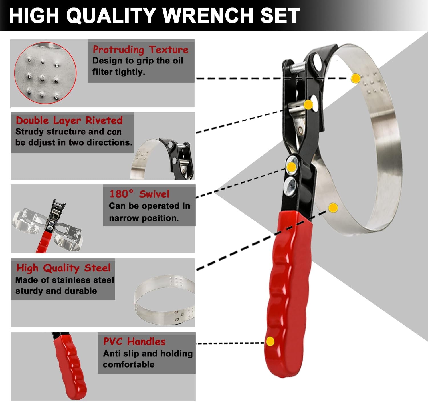 CAROTUPY 8pcs Oil Filter Wrench Set, 12″ Adjustable 8 PACK, Black&red&silver