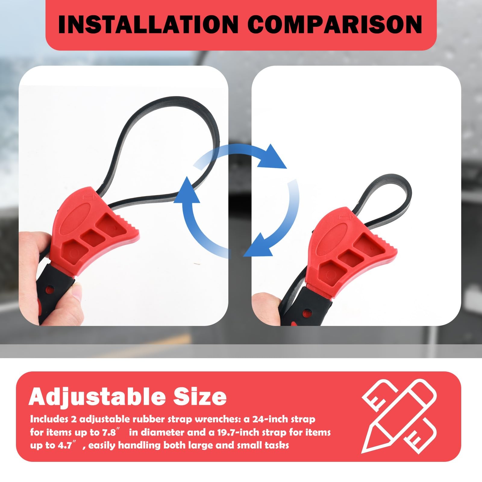 2 Pcs Rubber Strap Wrench Set with 24 Inch and 19.7 Inch for Oil Filters
