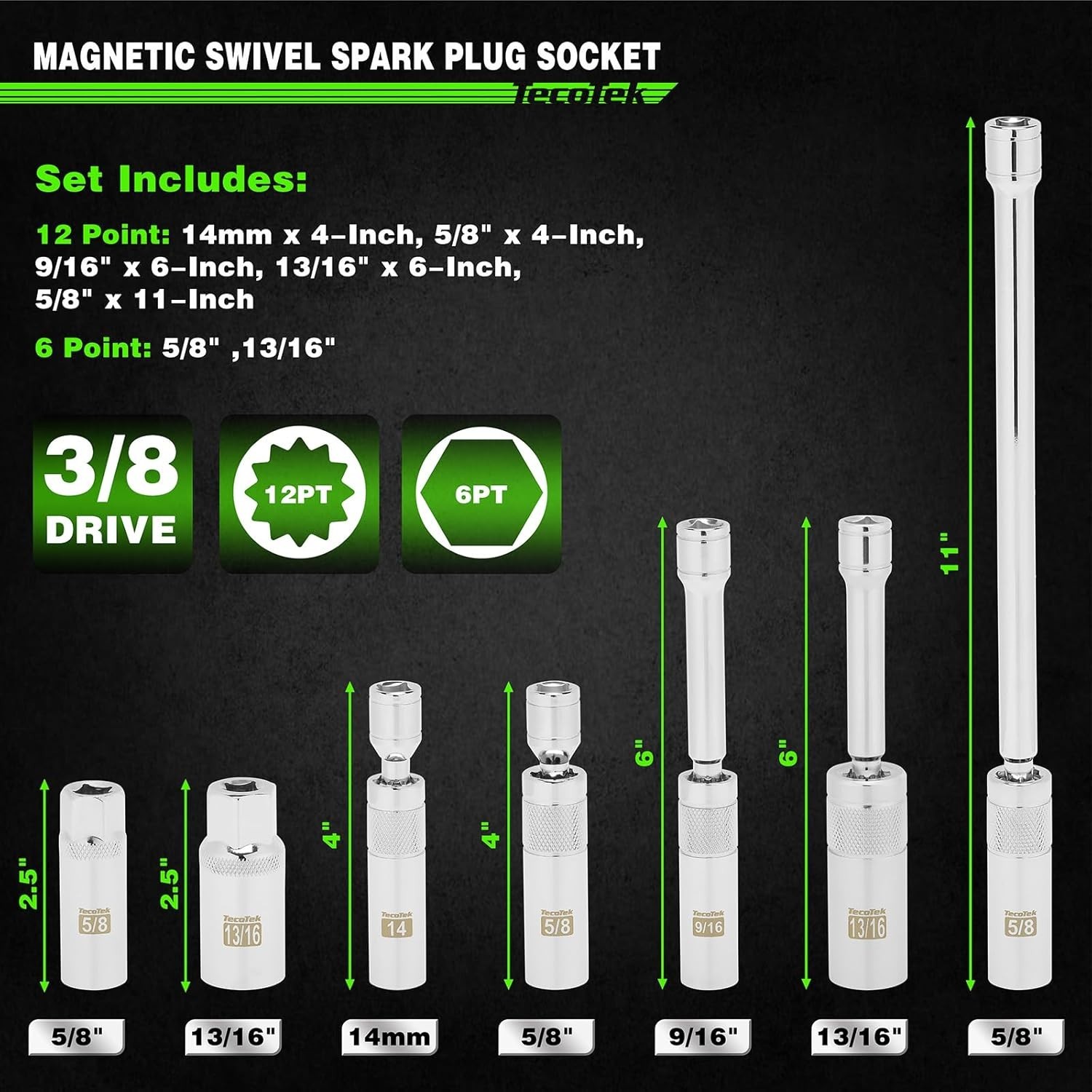 7Pc 3/8″ Drive Magnetic Swivel Spark Plug Socket Set CR-V 5/8 13/16 14mm