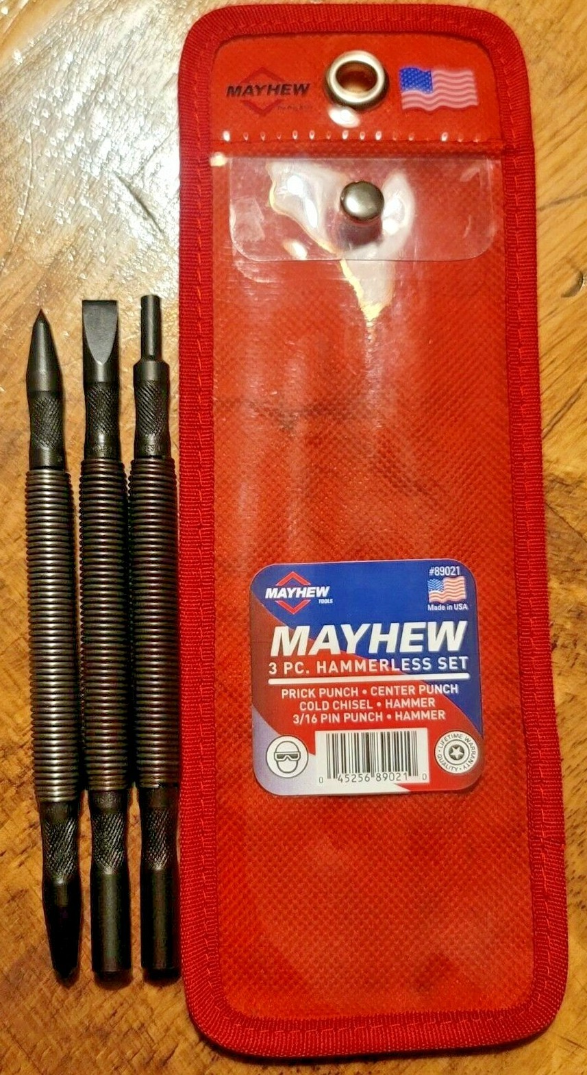 Mayhew 3pc Spring Loaded Hammerless Metalworking Punch & Chisel Set, USA #89021