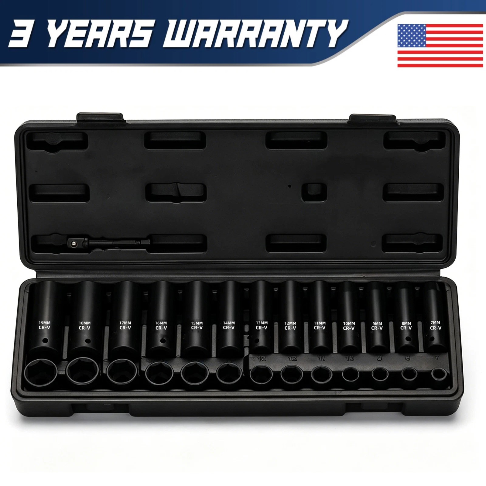 27 PCS 3/8″ Drive Impact Socket Set Deep&Shallow Metric 7mm-19mm 6 Point CR-V